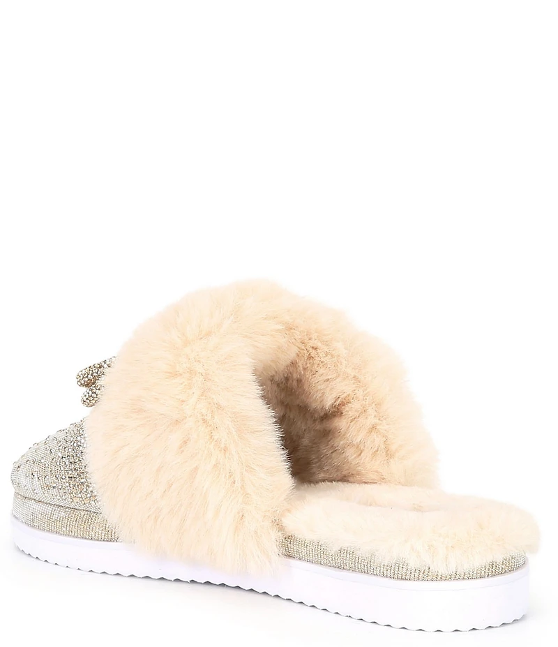 Gianni Bini Comfiee Two Embellished Rhinestone Bow Faux Fur Slippers