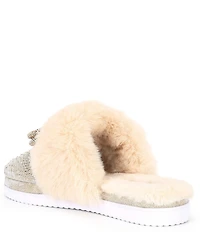 Gianni Bini Comfiee Two Embellished Rhinestone Bow Faux Fur Slippers