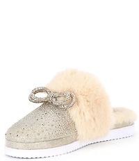 Gianni Bini Comfiee Two Embellished Rhinestone Bow Faux Fur Slippers