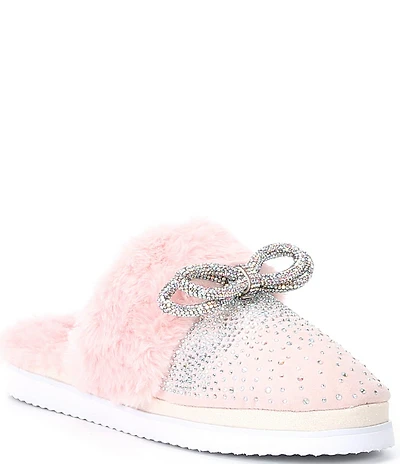 Gianni Bini Comfiee Two Embellished Rhinestone Bow Faux Fur Slippers