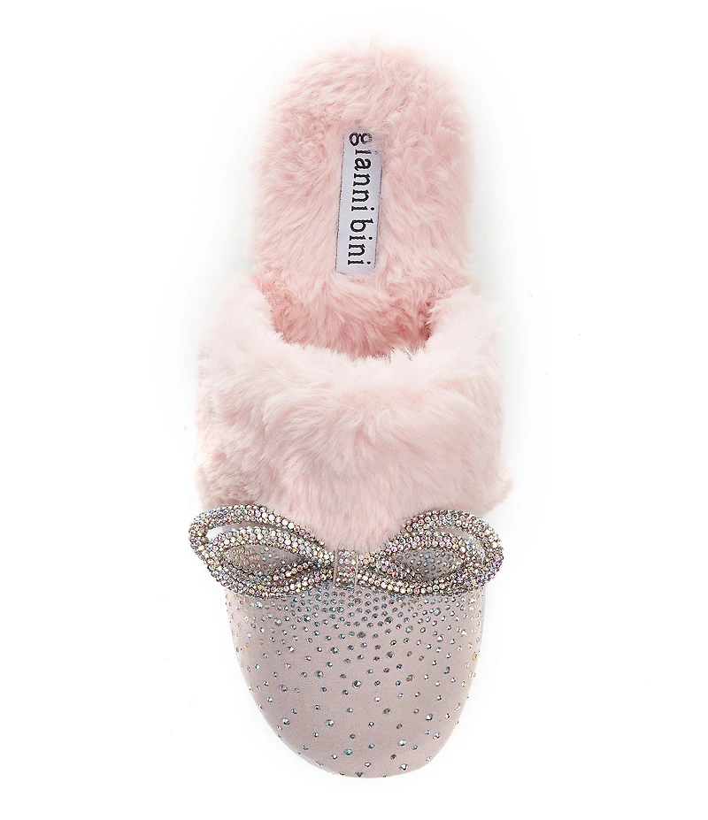 Gianni Bini Comfiee Two Embellished Rhinestone Bow Faux Fur Slippers