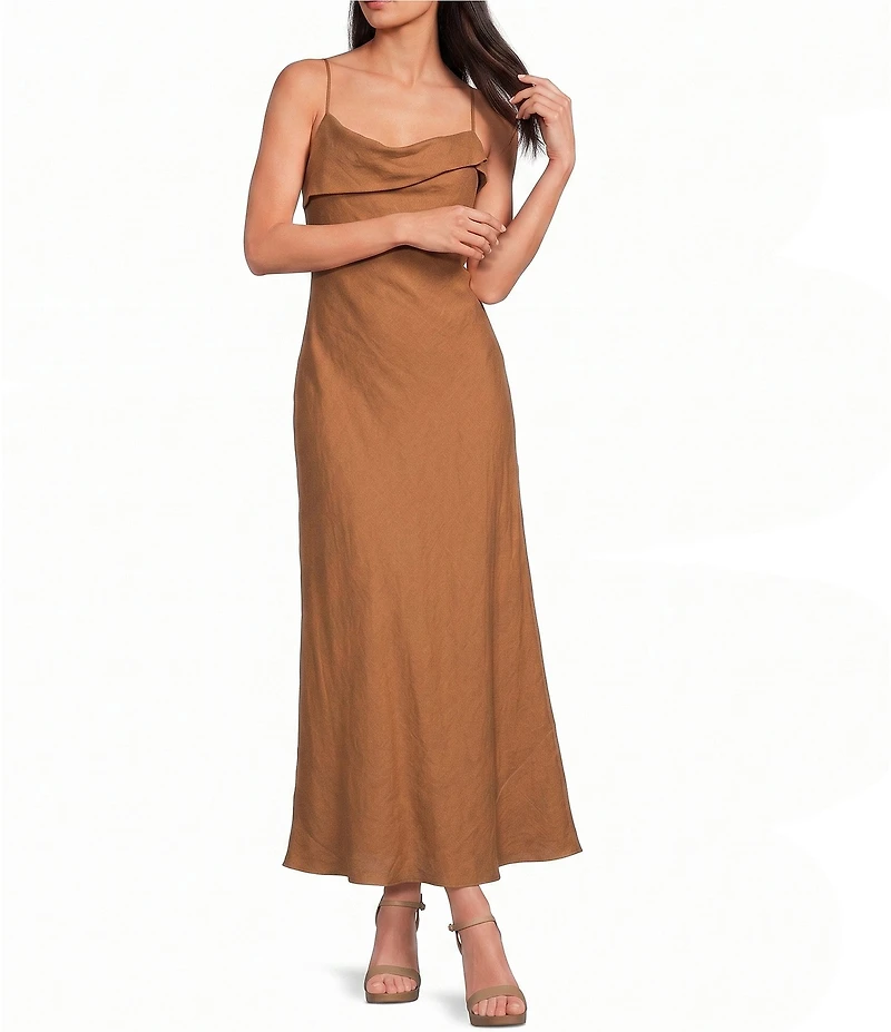 Gianni Bini Cosette Asymmetrical Drape Neck Sleeveless Linen Dress