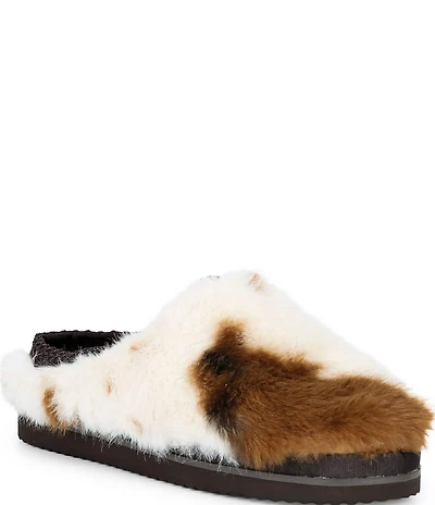 Gianni Bini Cushee Cow Print Long Faux Fur Mule Slippers