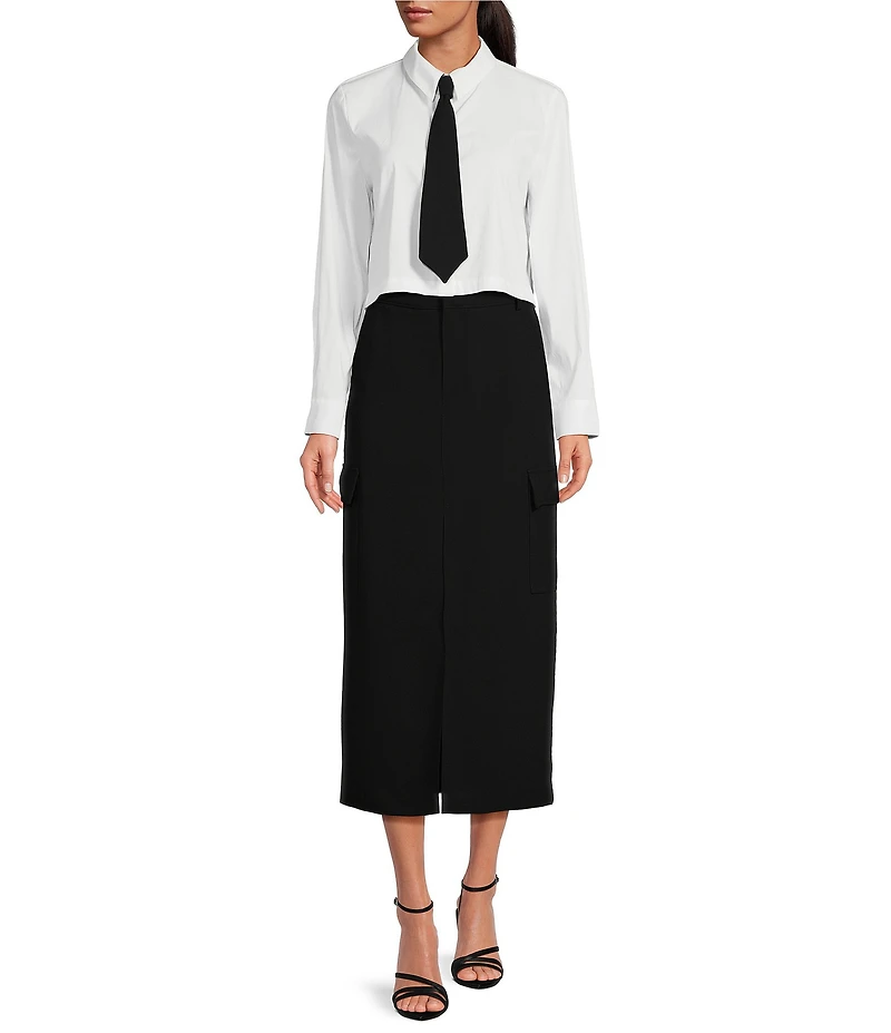 Gianni Bini Dani Crepe High Waist Cargo Front Slit Pencil Midi Skirt