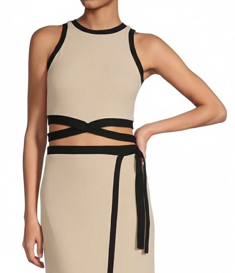 Gianni Bini Dena Ribbed Knit Crew Neck Sleeveless Tie Waist Coordinating Cropped Top