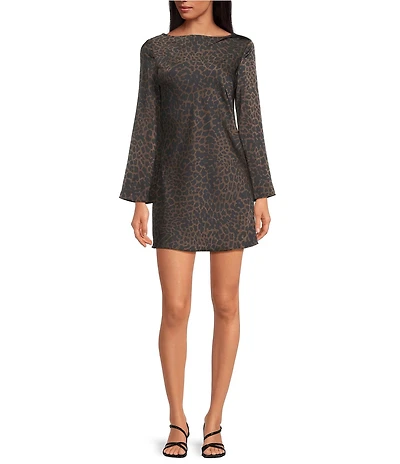 Gianni Bini Dionne Satin Leopard Print Long Sleeve Open Back Mini Dress