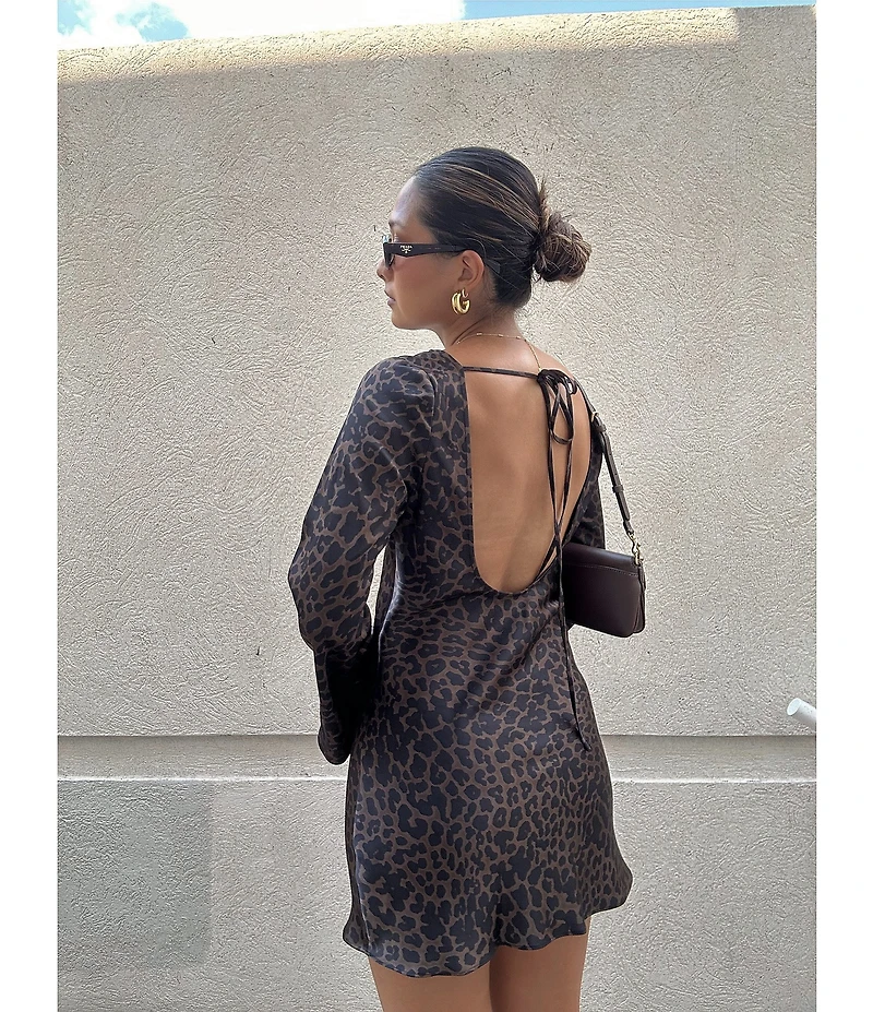 Gianni Bini Dionne Satin Leopard Print Long Sleeve Open Back Mini Dress