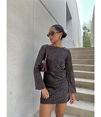 Gianni Bini Dionne Satin Leopard Print Long Sleeve Open Back Mini Dress