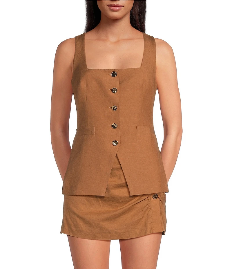 Gianni Bini Effie Square Neck Sleeveless Coordinating Linen Vest Top