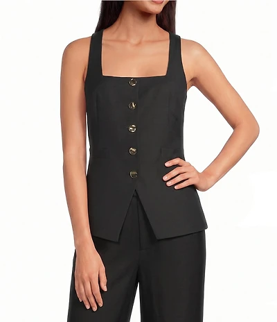 Gianni Bini Effie Square Neck Sleeveless Coordinating Linen Vest Top