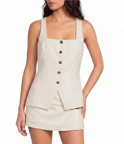 Gianni Bini Effie Square Neck Sleeveless Coordinating Linen Vest Top
