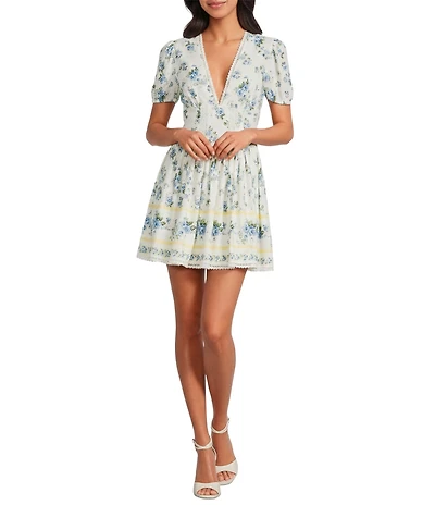 Gianni Bini Elara Floral Linen V-Neck Short Puff Sleeve Tiered Ruffle Mini Dress