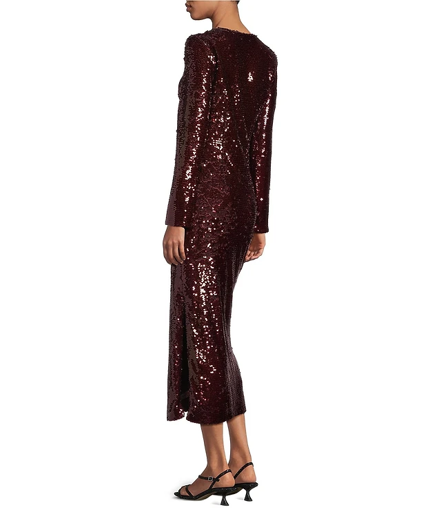dillards long sleeve sequin dress Mac Duggal Sequined Ombre Bishop Sleeve A-Line Gown