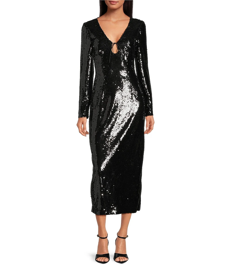 Gianni Bini Ella Sequin V-Neck Long Sleeve Slip Maxi Dress