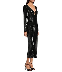 Gianni Bini Ella Sequin V-Neck Long Sleeve Slip Maxi Dress
