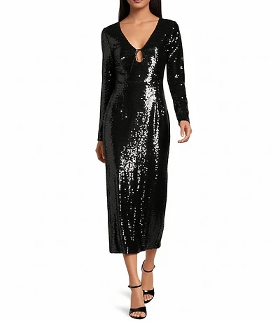 Gianni Bini Ella Sequin V-Neck Long Sleeve Slip Maxi Dress