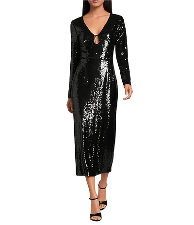 Gianni Bini Ella Sequin V-Neck Long Sleeve Slip Maxi Dress