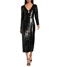 Gianni Bini Ella Sequin V-Neck Long Sleeve Slip Maxi Dress