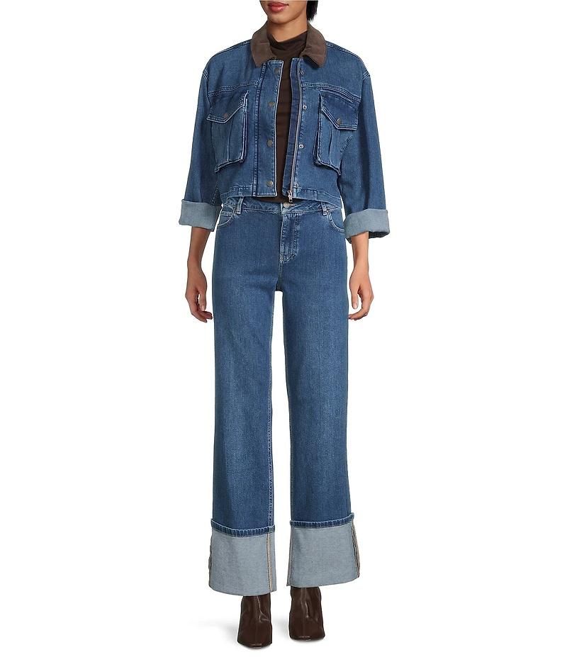 Gianni Bini Ellie Suede Collar Cropped Jean Jacket