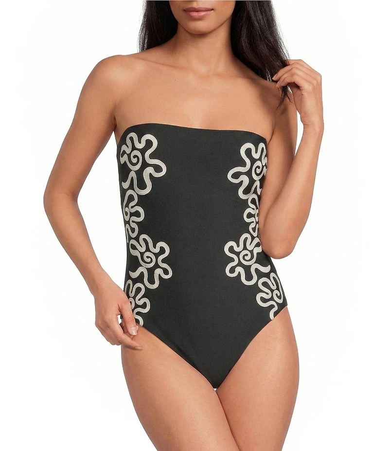 Gianni Bini Embroidered Detachable Strap Bandeau One Piece Swimsuit