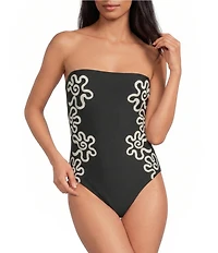 Gianni Bini Embroidered Detachable Strap Bandeau One Piece Swimsuit