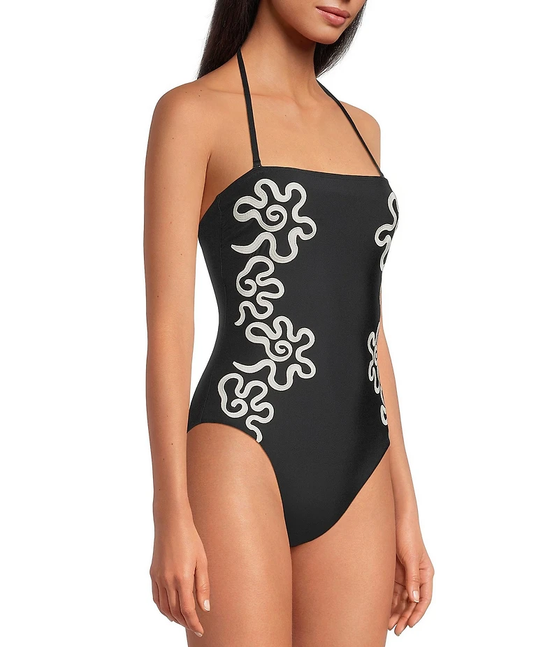 Gianni Bini Embroidered Detachable Strap Bandeau One Piece Swimsuit