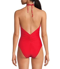 Gianni Bini Fabric Rosette High Neck Halter One Piece Swimsuit