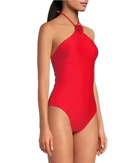 Gianni Bini Fabric Rosette High Neck Halter One Piece Swimsuit