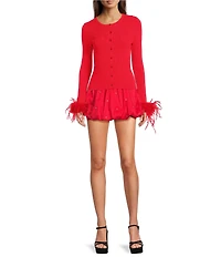 Gianni Bini Farrah Feather Trim Crewneck Long Sleeve Sweater Cardigan