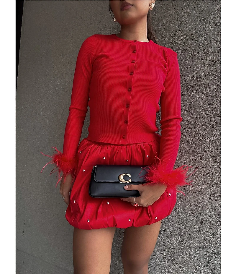 Gianni Bini Farrah Feather Trim Crewneck Long Sleeve Sweater Cardigan