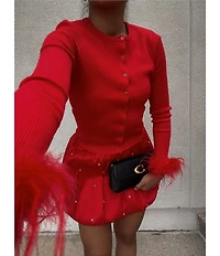 Gianni Bini Farrah Feather Trim Crewneck Long Sleeve Sweater Cardigan