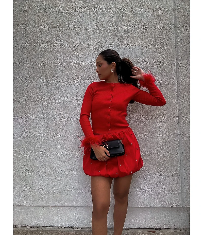 Gianni Bini Farrah Feather Trim Crewneck Long Sleeve Sweater Cardigan