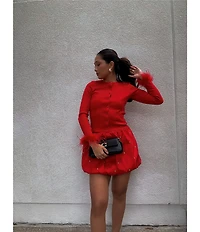 Gianni Bini Farrah Feather Trim Crewneck Long Sleeve Sweater Cardigan