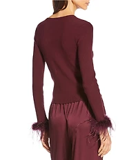 Gianni Bini Farrah Feather Trim Crewneck Long Sleeve Sweater Cardigan