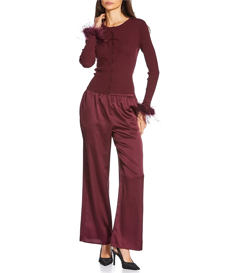 Gianni Bini Farrah Feather Trim Crewneck Long Sleeve Sweater Cardigan