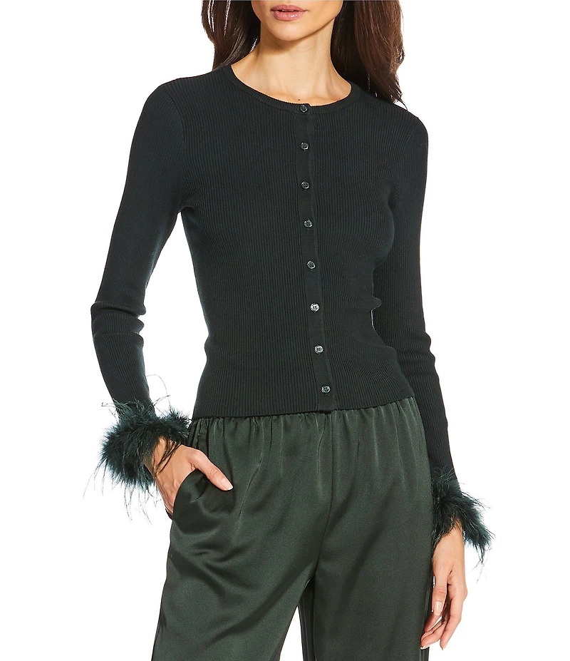 Gianni Bini Farrah Feather Trim Crewneck Long Sleeve Sweater Cardigan