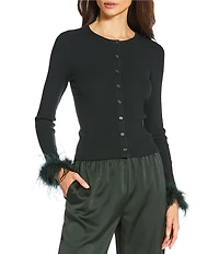 Gianni Bini Farrah Feather Trim Crewneck Long Sleeve Sweater Cardigan
