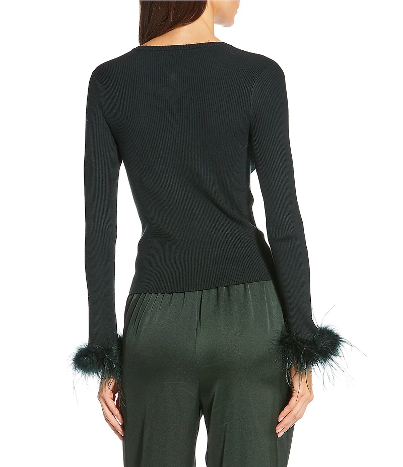Gianni Bini Farrah Feather Trim Crewneck Long Sleeve Sweater Cardigan