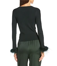 Gianni Bini Farrah Feather Trim Crewneck Long Sleeve Sweater Cardigan