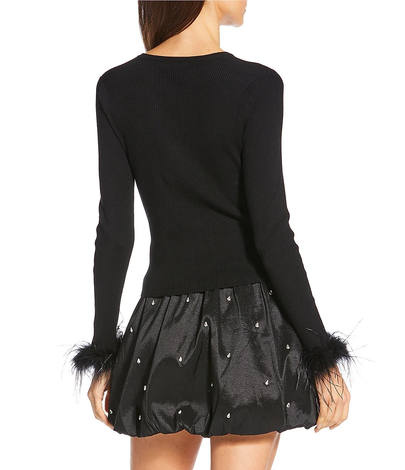 Gianni Bini Farrah Feather Trim Crewneck Long Sleeve Sweater Cardigan