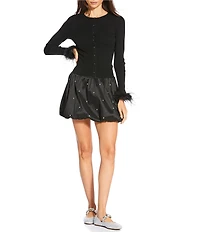 Gianni Bini Farrah Feather Trim Crewneck Long Sleeve Sweater Cardigan