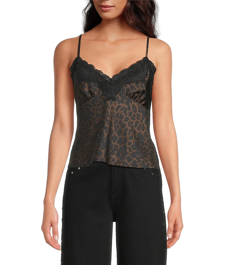Gianni Bini Faye Leopard Print V-Neck Sleeveless Satin Lace Detail Top