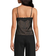 Gianni Bini Faye Leopard Print V-Neck Sleeveless Satin Lace Detail Top