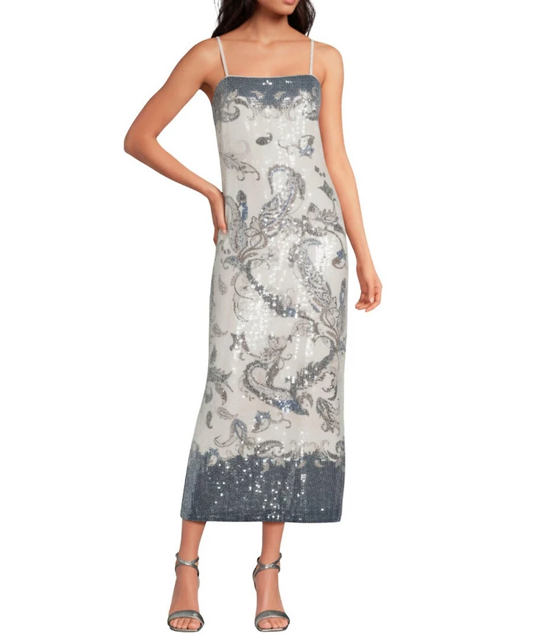 Gianni Bini Gianna Paisley Square Neck Sleeveless Sequin Midi Dress