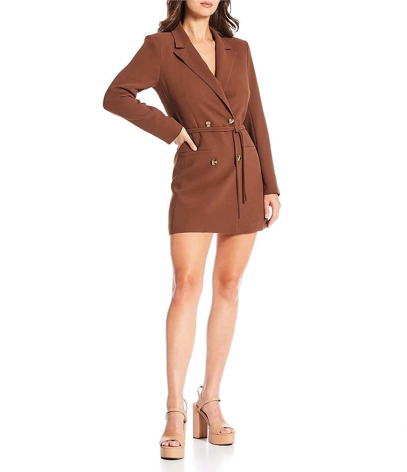 Gianni Bini Gina Notch Lapel Long Sleeve Button Front Tie Waist Blazer Wrap Mini Dress