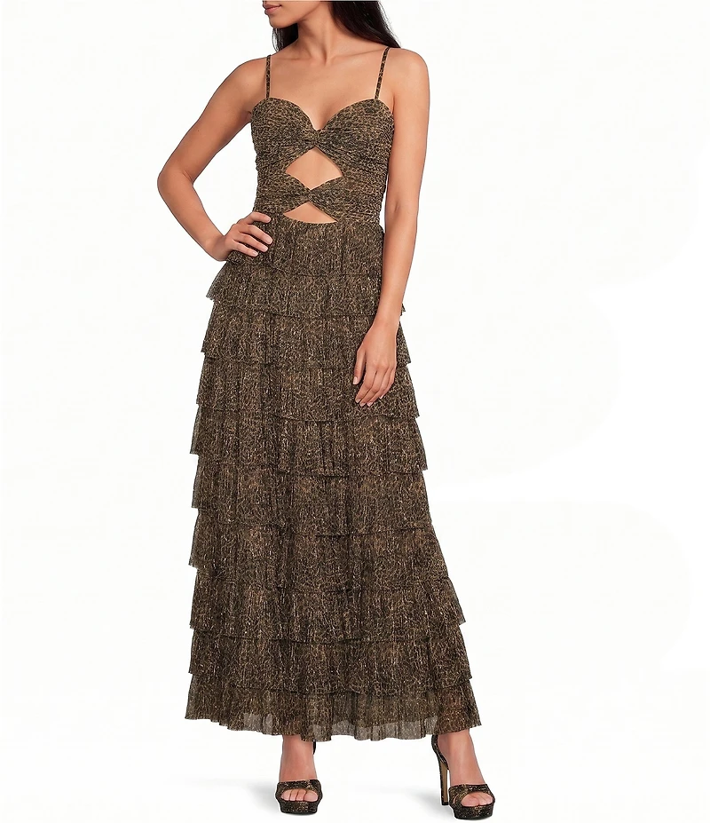 Gianni Bini Grace Metallic Leopard Sweetheart Neck Sleeveless A-Line Midi Dress
