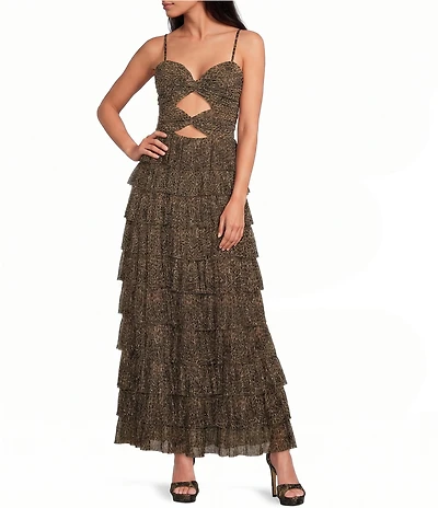 Gianni Bini Grace Metallic Leopard Sweetheart Neck Sleeveless A-Line Midi Dress