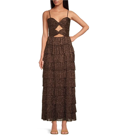 Gianni Bini Grace Metallic Plisse Sweetheart Neck Cut-Out Tiered Dress