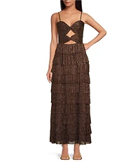 Gianni Bini Grace Metallic Plisse Sweetheart Neck Cut-Out Tiered Dress