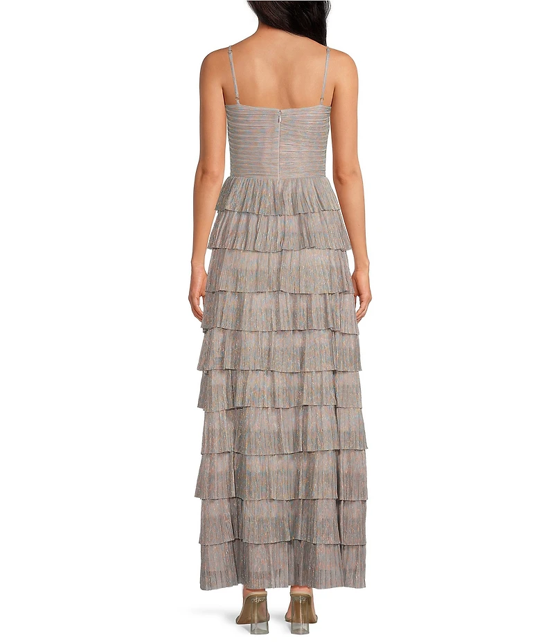 Gianni Bini Grace Metallic Plisse Sweetheart Neck Cut-Out Tiered Dress